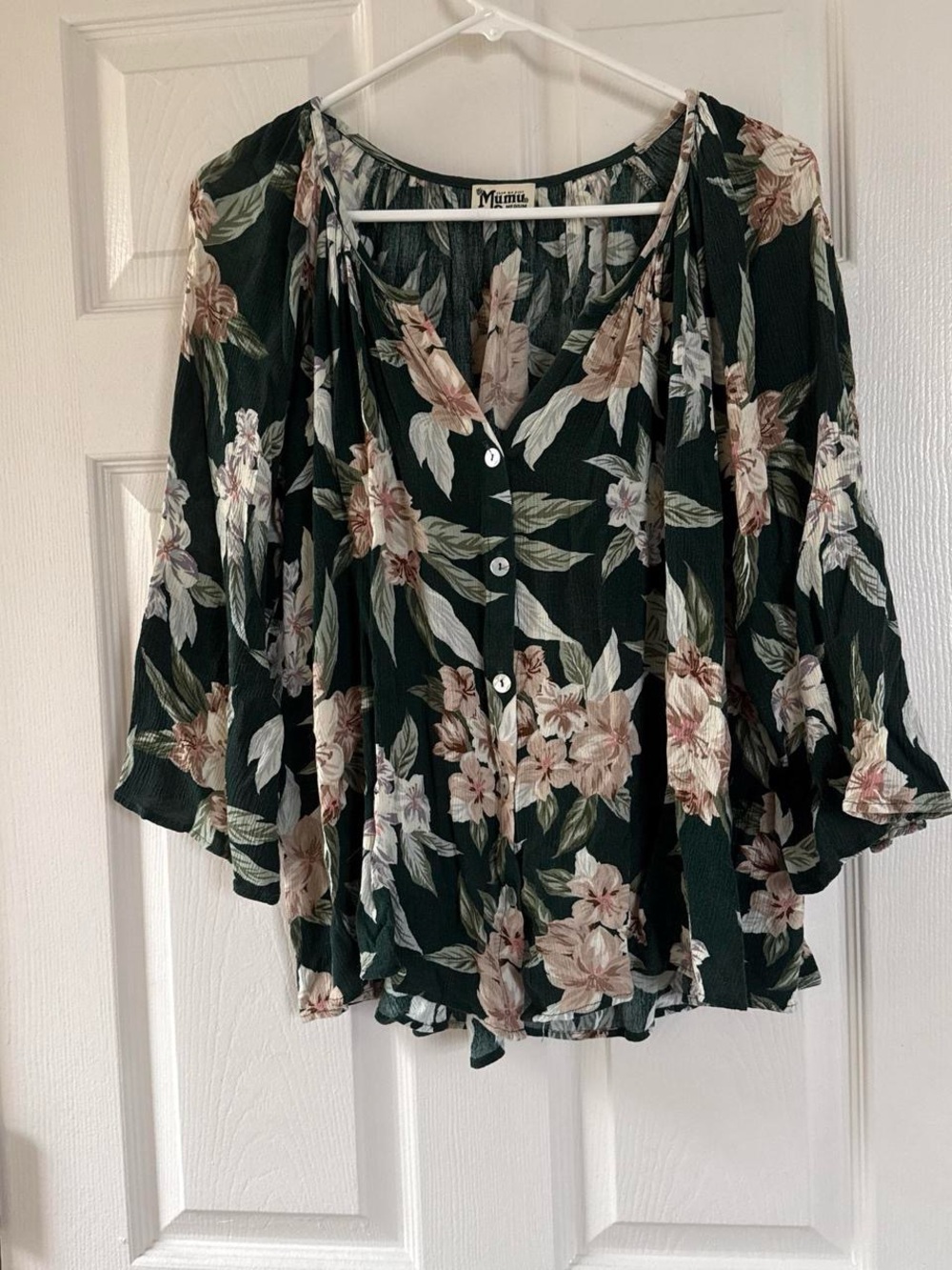 Show Me Your MuMu Dark Green Floral Button-Up Peasant Blouse